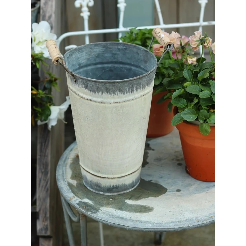 Retro English Printing Binaural Tin Plate Flower Pot Bucket Flower Tool Storage Grocery Window Decoration Garden Ornament