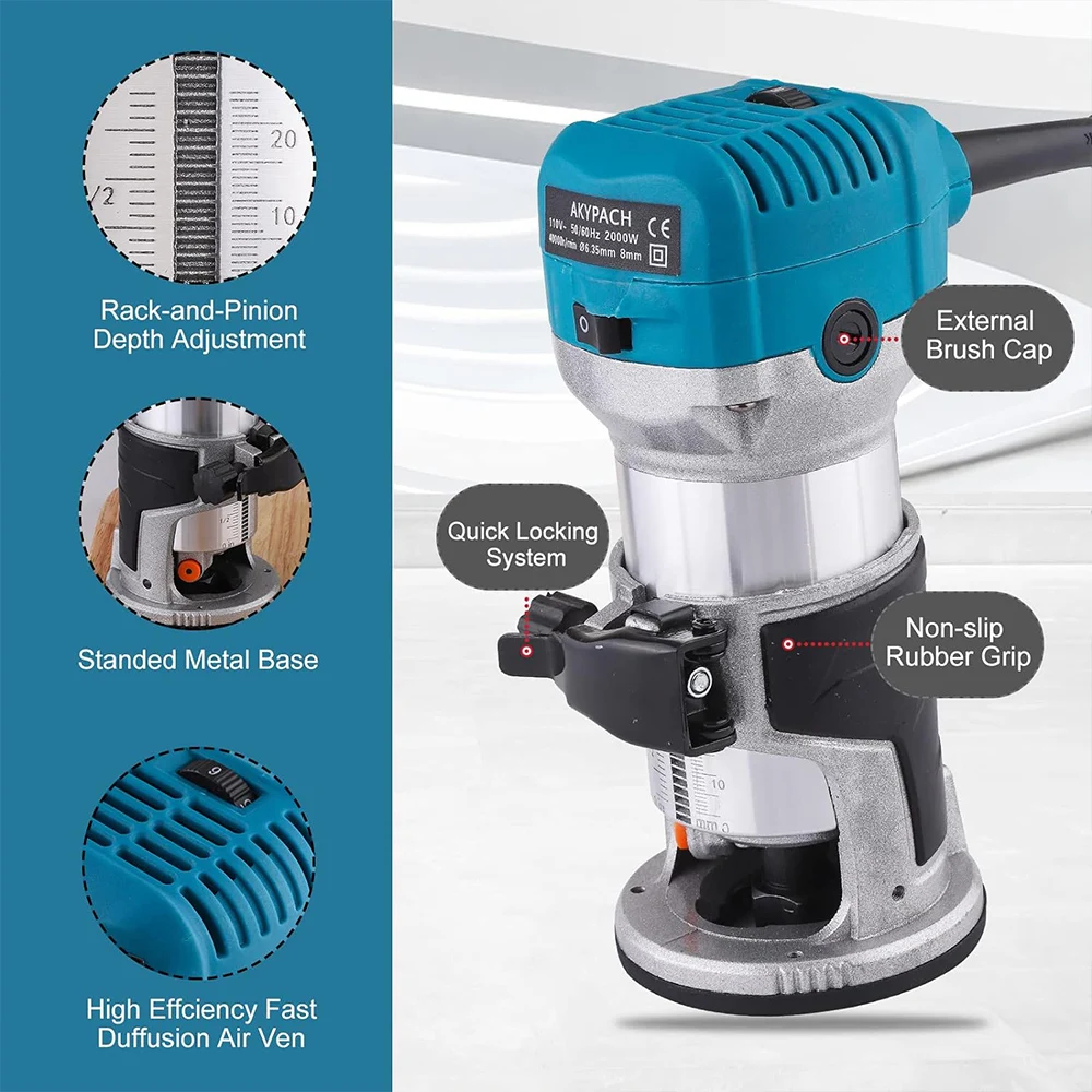 Recortadora eléctrica de madera, fresadora manual de 2000W, 220V, 40000RPM, herramientas de bricolaje para el hogar