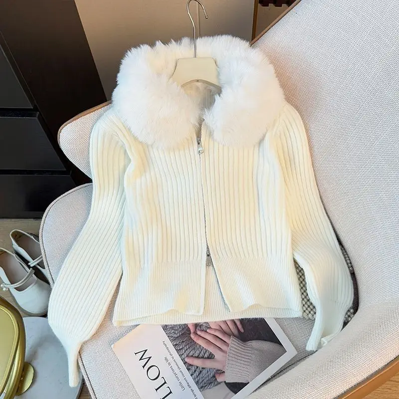 

Fluffy Zipper Patchwork Long Sleeve Knit Jacket Coat Winter Female Sweater Hoodie Cardigan Solid Casual Women Cardigan