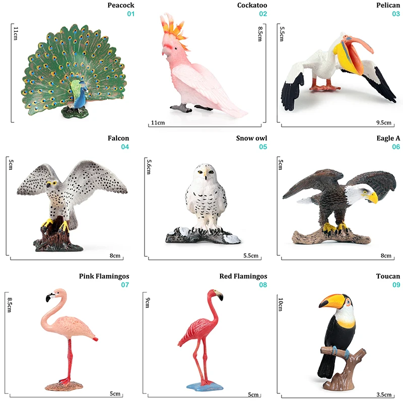 Figuras de acción de PVC para niños, modelos de aves, animales, flamencos, loro, mar, Mew, pavo real, búho, avestruz, modelo sólido, Mini juguete educativo, regalo para niños