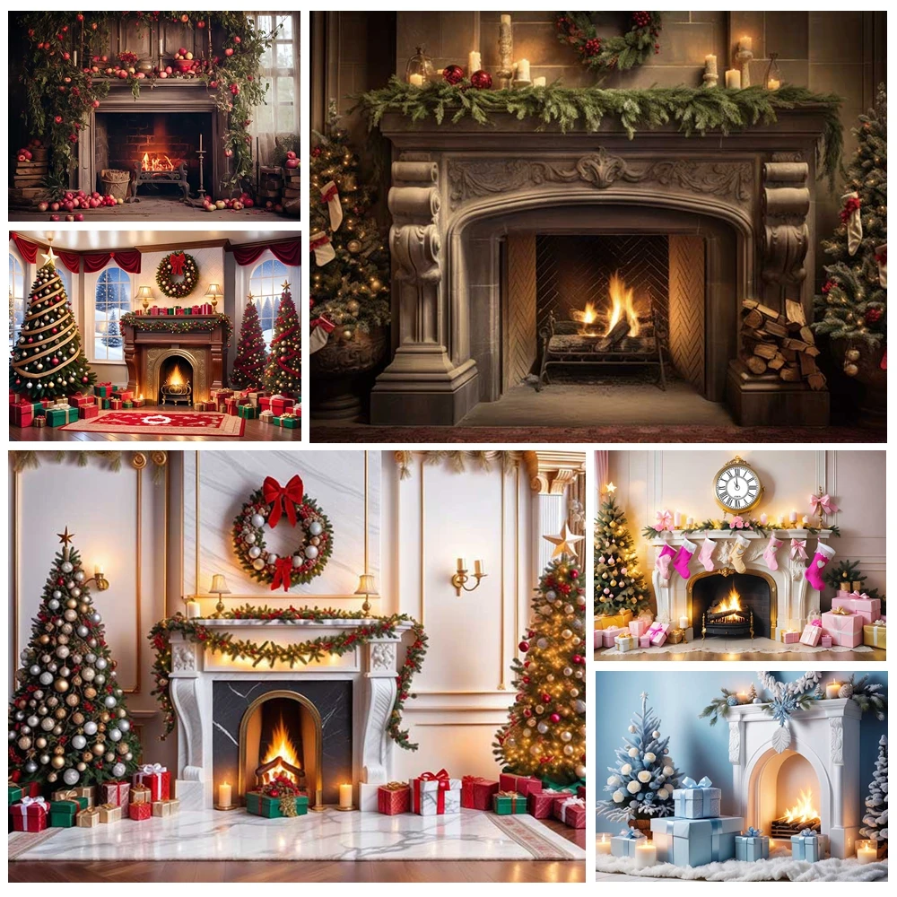 

MOON.QG Christmas Backdrops For Photography Fireplace Xmas Trees Teddy Bear Background Wallpaper Party Decorations Photocall