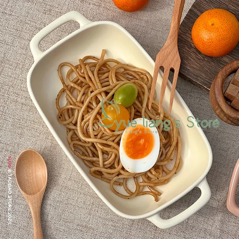 Cream Colored Baking Tray, Ceramic Simple Rectangular Plate, Household Oven Specific Baking Plate