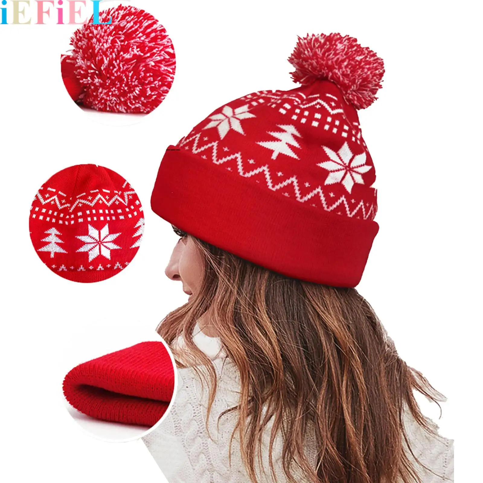 

Christmas Festive Knitted Santa Hat Xmas Holiday Crochet Beanie Pompom Cap Adults Unisex New Year Party Supplies