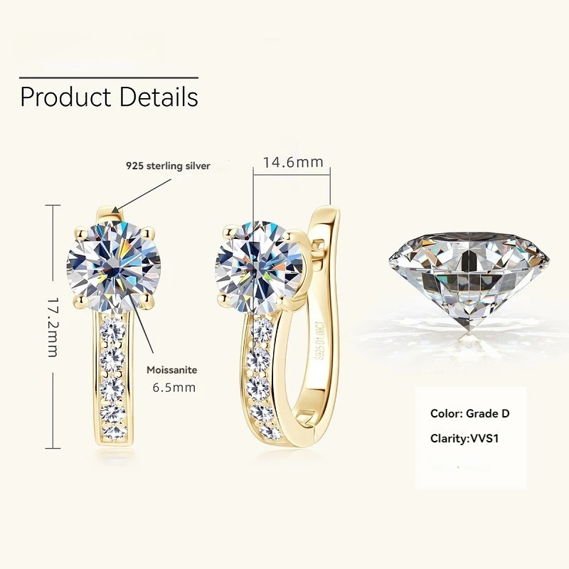 Apaison 6.5 mm 1 ct Moissanite Studs Earrings Birthday Party Gold Plated Jewelry For Woman's