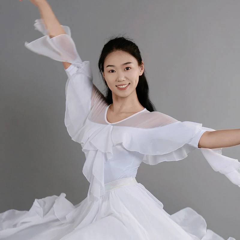 Vêtements de danse de salon irréguliers blancs pour femmes, hauts féeriques, jupe, robes de danse de valse, vêtements d'entraînement, Costume de spectacle DNV24483