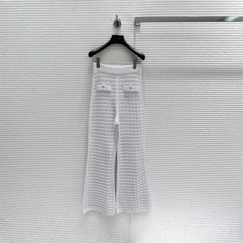 Women's New Fashion White Hollow-Out Knitted Flared Pants Crochet High-Waisted Pants view 6