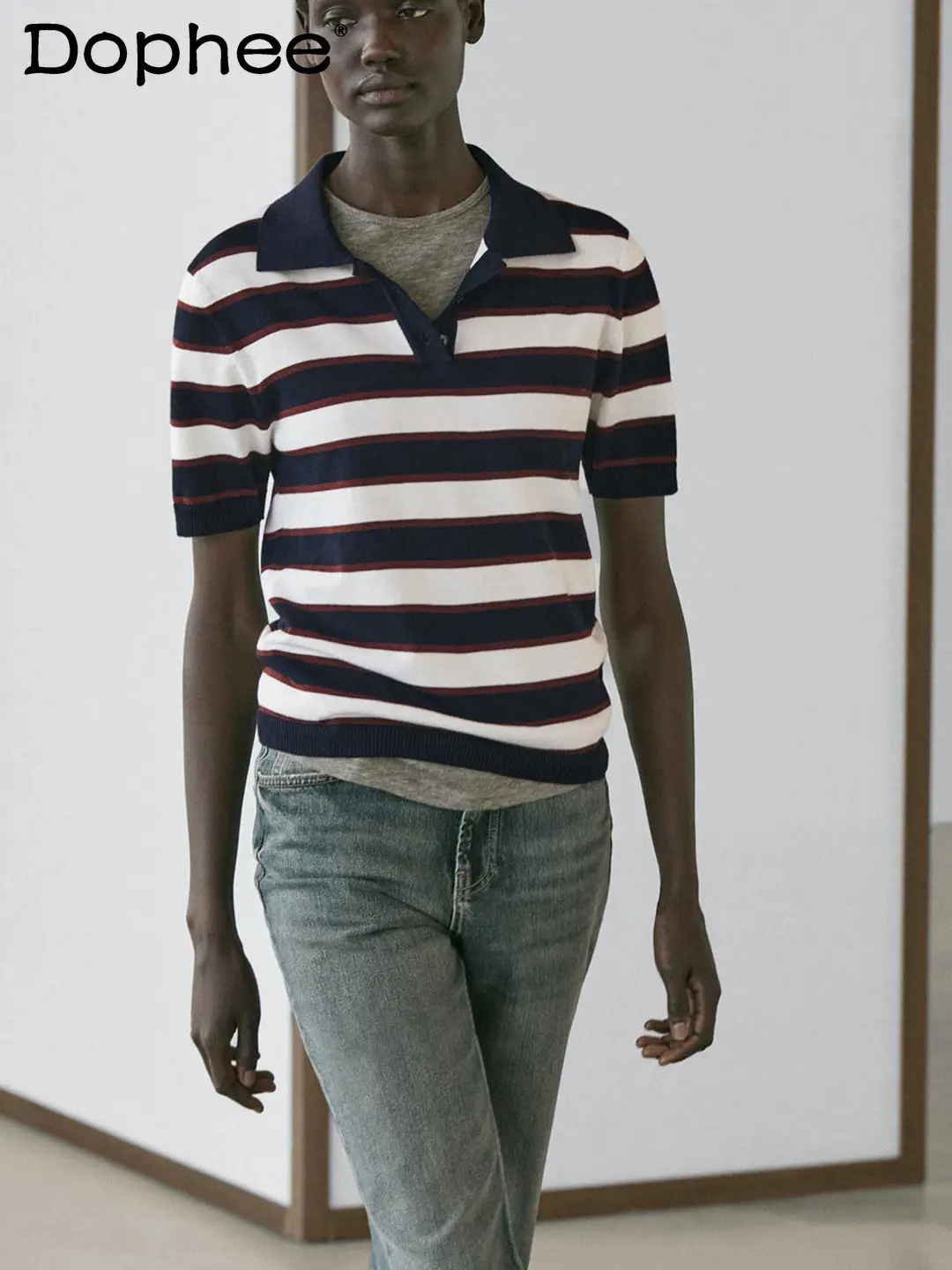 

2026 Spring Summer New Vintage Turn-down Collar Commuting Striped Short-sleeve Pure Cotton Knit Polo Shirt for Women