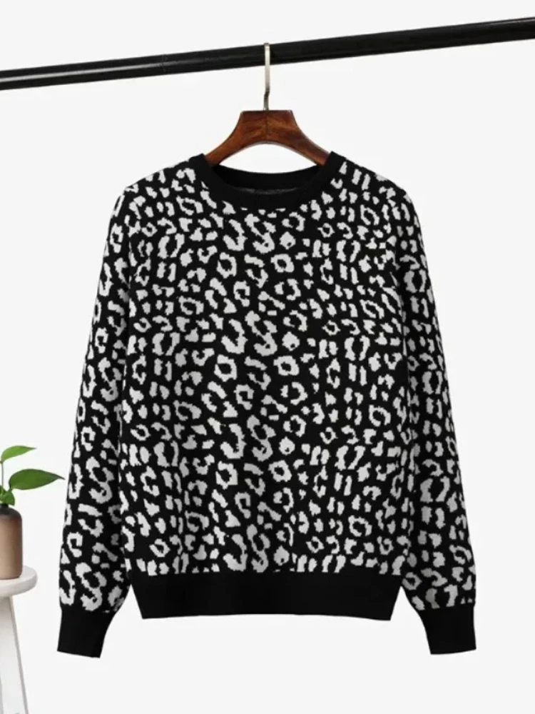 Nuevo en invierno, jerseys para mujer con estampado de leopardo, jersey básico con cuello redondo, Tops Vintage, suéteres de punto cálidos para mujer, ropa