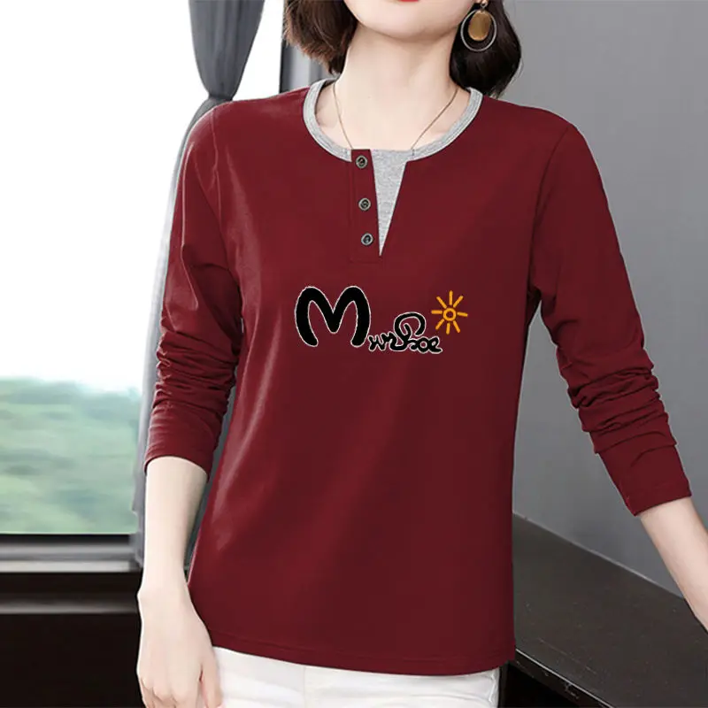 Contrast Color Long Sleeve Pullover Letter Geometric Printing Round Neck Button Women\'s Clothing Spring Autumn T-shirt Tops