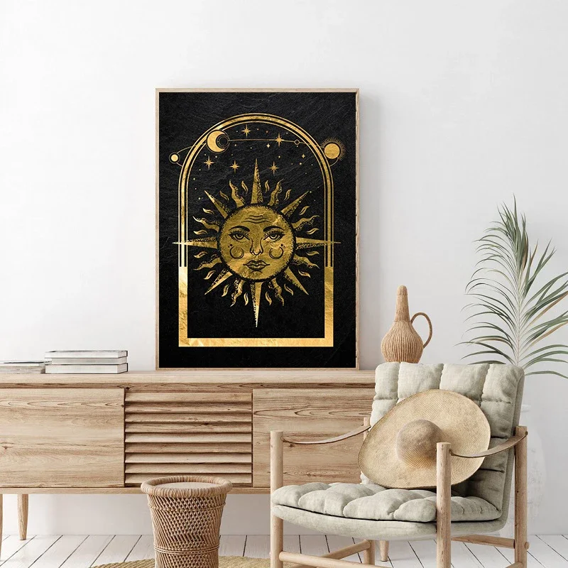 Multiple sizes 1pc frameless Canvas Painting Black Gold Mystical Tarot Sun Moon Magic Ball Poster Canvas Painting Print Wall Art