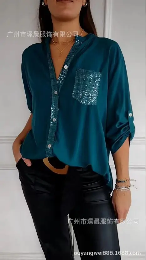 Top cardigan con tasca con paillettes e colletto rialzato da donna casual alla moda per l'estate 2025