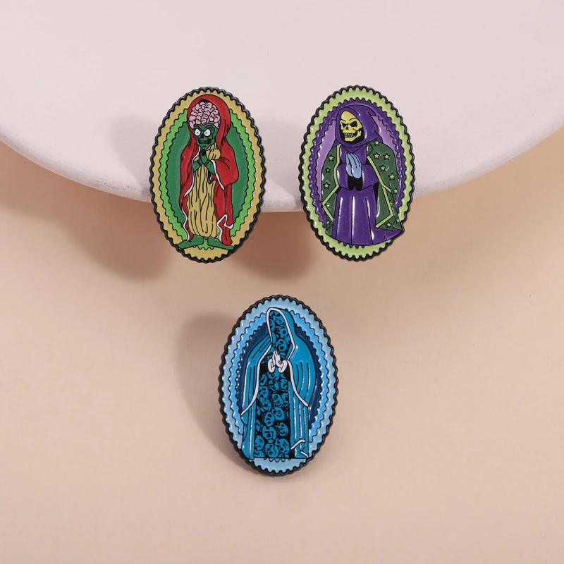 Skeletor Purple Hood Monster Enamel Pins Virgin Mary Cosplay Hallowmas Horror Movie Characters Boches Lapel Badge Jewelry Gifts