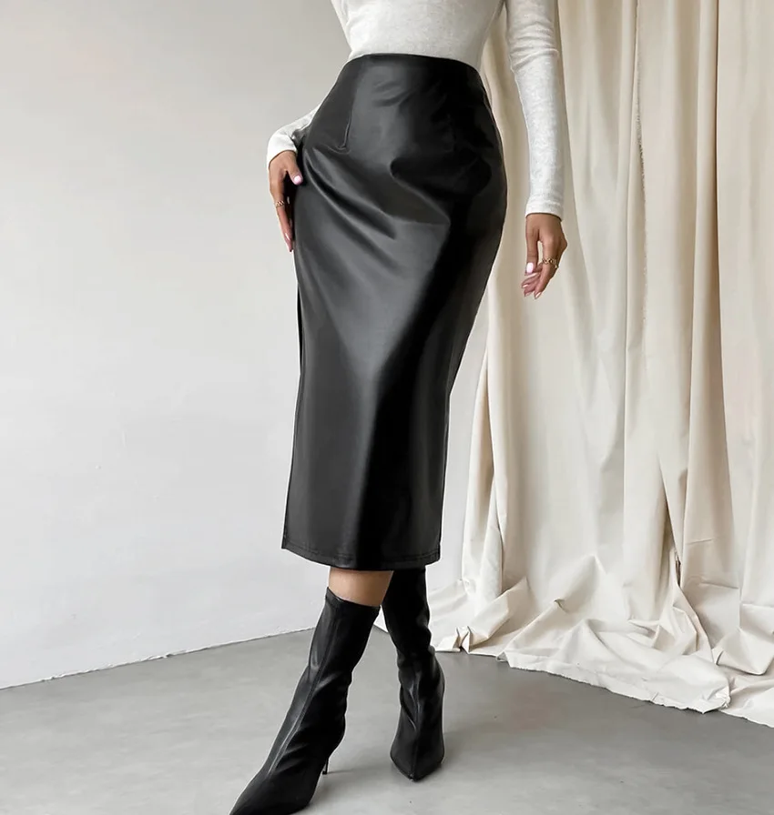 Autumn Winter Plush Matte Leather Skirt Streetwear High Waist Slit Midi Length Skirt Women Sexy Clubwear Female Clothing 2024