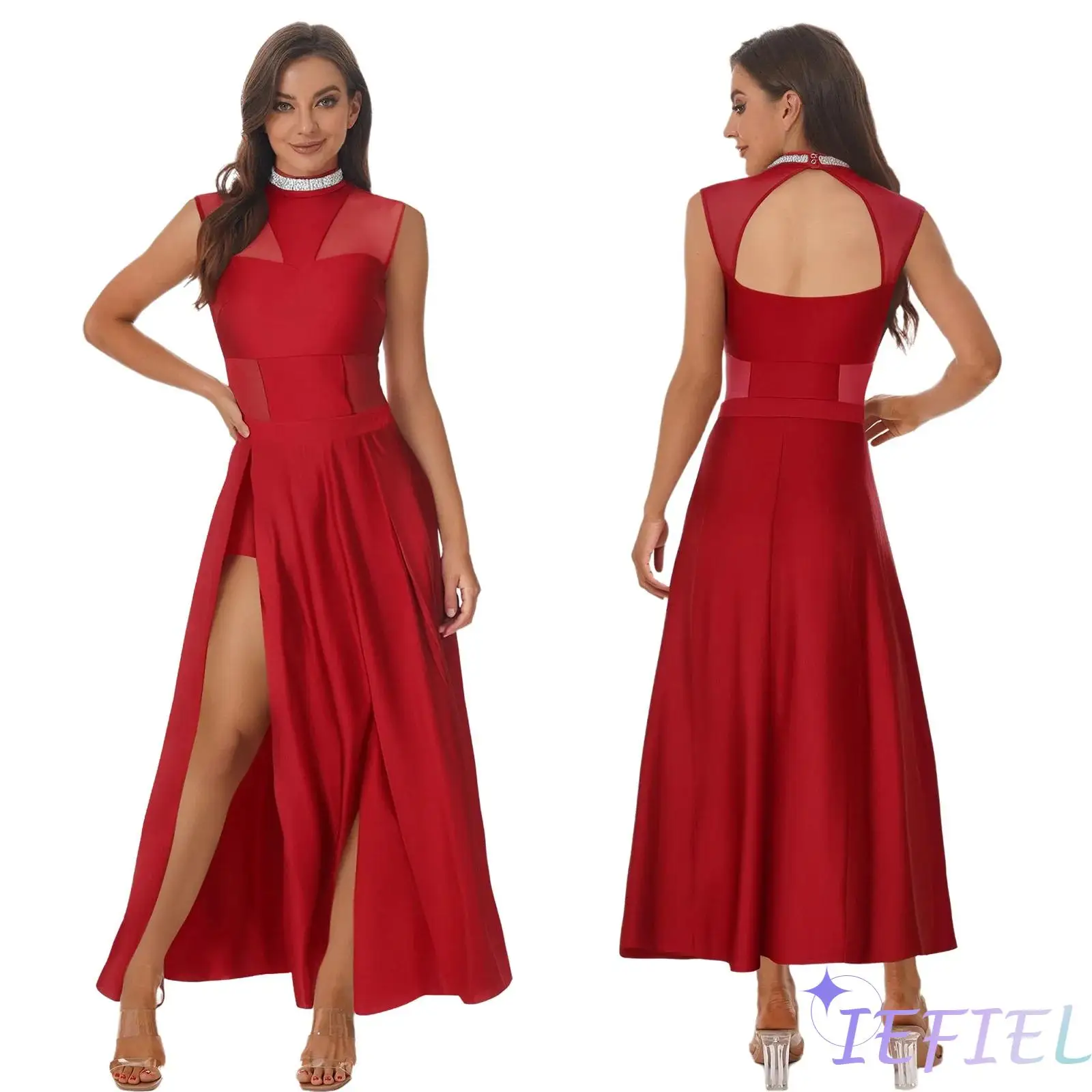 

Womens Lyrical Dance Outfit Glittering Collar Mesh Backless Patchwork Leotard Bodysuit And Slit Asymmetric Hem Maxi Dance Skirt