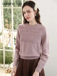 I BELIEVE YOU Gray Pink Crochet Wheat Jacquard Sweater for Women 2024 Autumn Winter Warm Soft Wool Knitted Sweater 2244125749