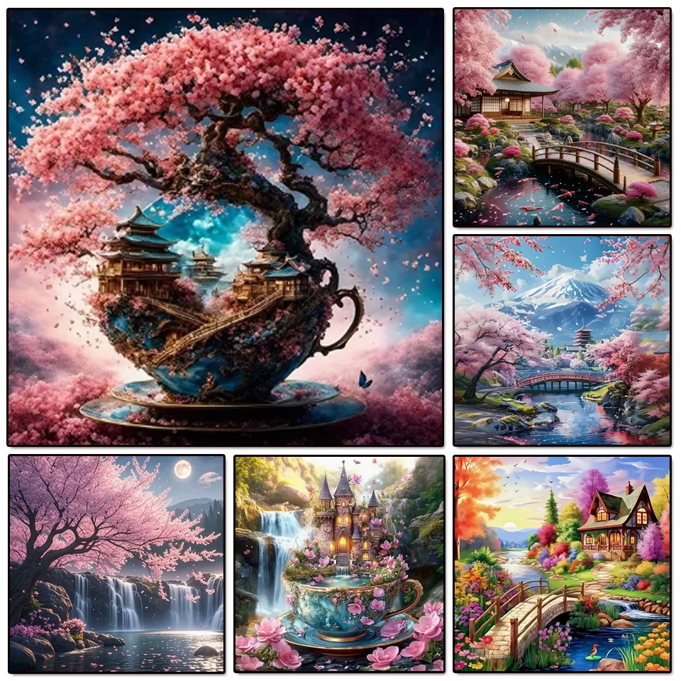 Diamond Mosaic Art Kit Mountain Range Flower Bridge Mount Fuji Cherry Blossoms Landscape Full Square Diamond Painting Home Dec