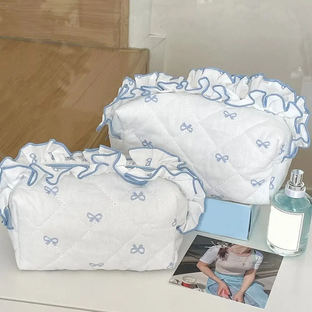 Creative Bow Print Large Capacity Pen Case Flounce INS Stationery Storage Bag Cartoon Detachable Makeup Lipstick Bag Students