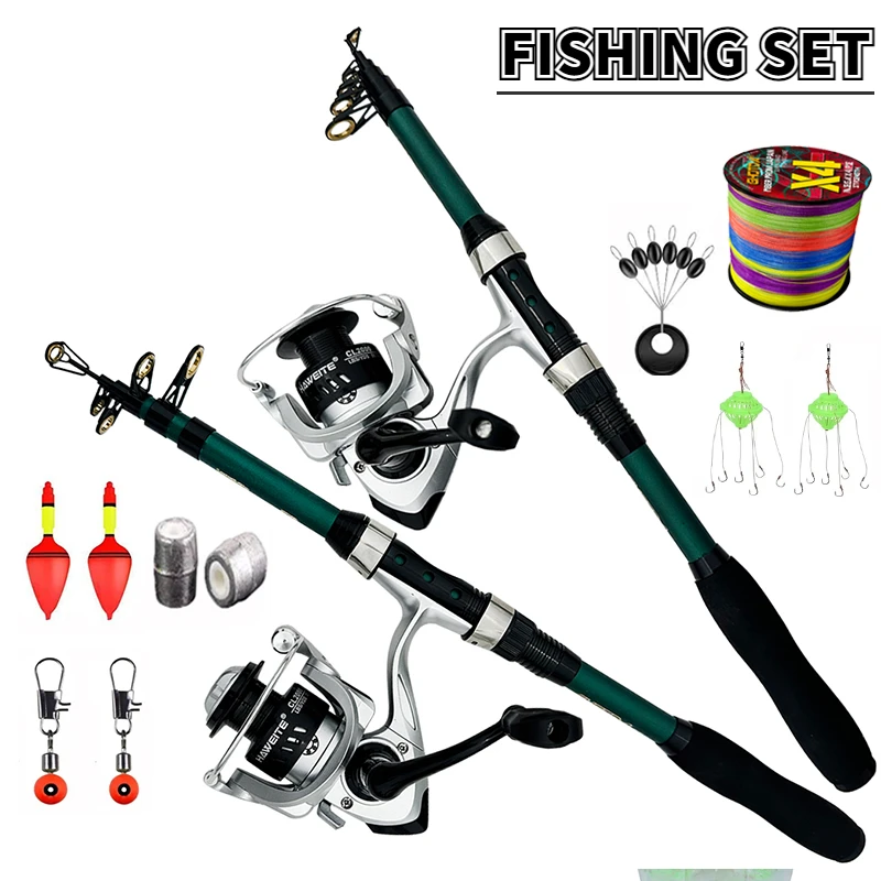 1.8M Carbon Fiber Short Telescopic Sea Fishing Rod with 2000 Series Spinning Reel with Line Hook Combo Protable Travel Full Kit