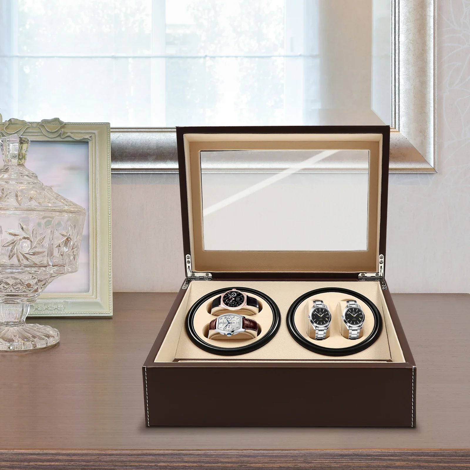 

Bymaocar Automatic Low Noise Watch Winder Box Home Decor,Stores/offices 10-Watch Display Boxe Brown Leather W/ 2 Winding Devices