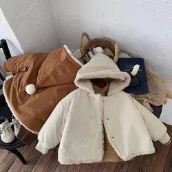 2024 Winter New Baby Warm Lamb Cashmere Hooded Coat Solid Versatile Boys Girls Padded Jacket Plus Velvet Thick Infant Clothes