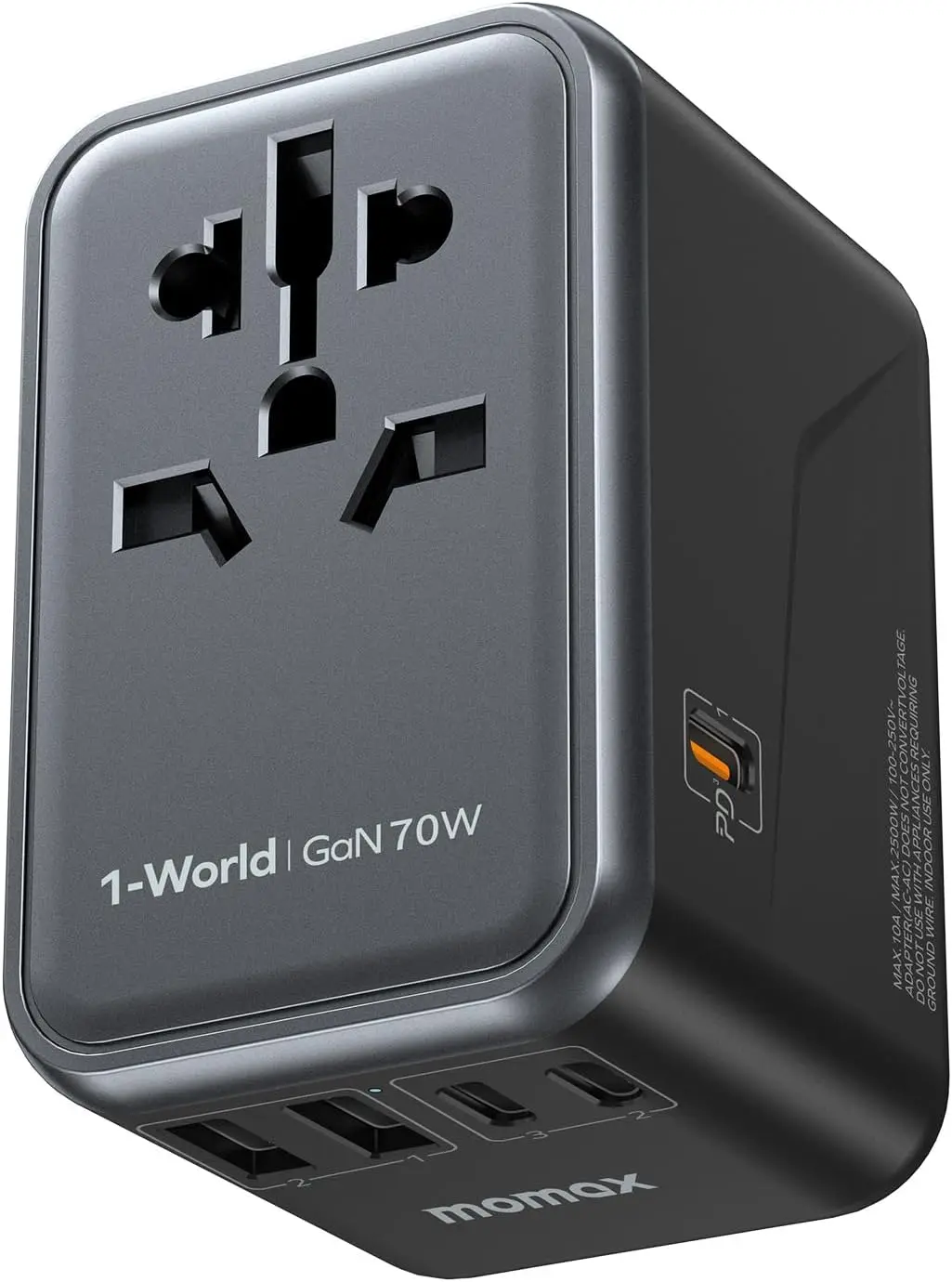 

6-in-1 Universal Travel Adapter with GaN 70W Fast Charging, 3 USB-C & 2 USB-A Ports for Worldwide Use