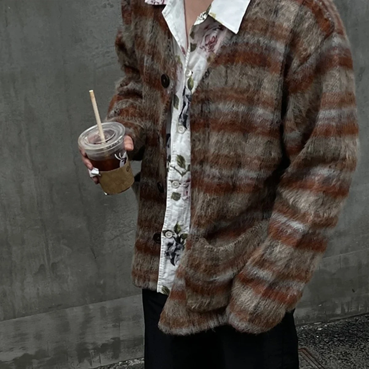 NIGO Men's Plaid Red Brown Fall Fashion Trend Plush Shirt Single Breasted V-Neck Jacket #NGTOP12125 - Image 2