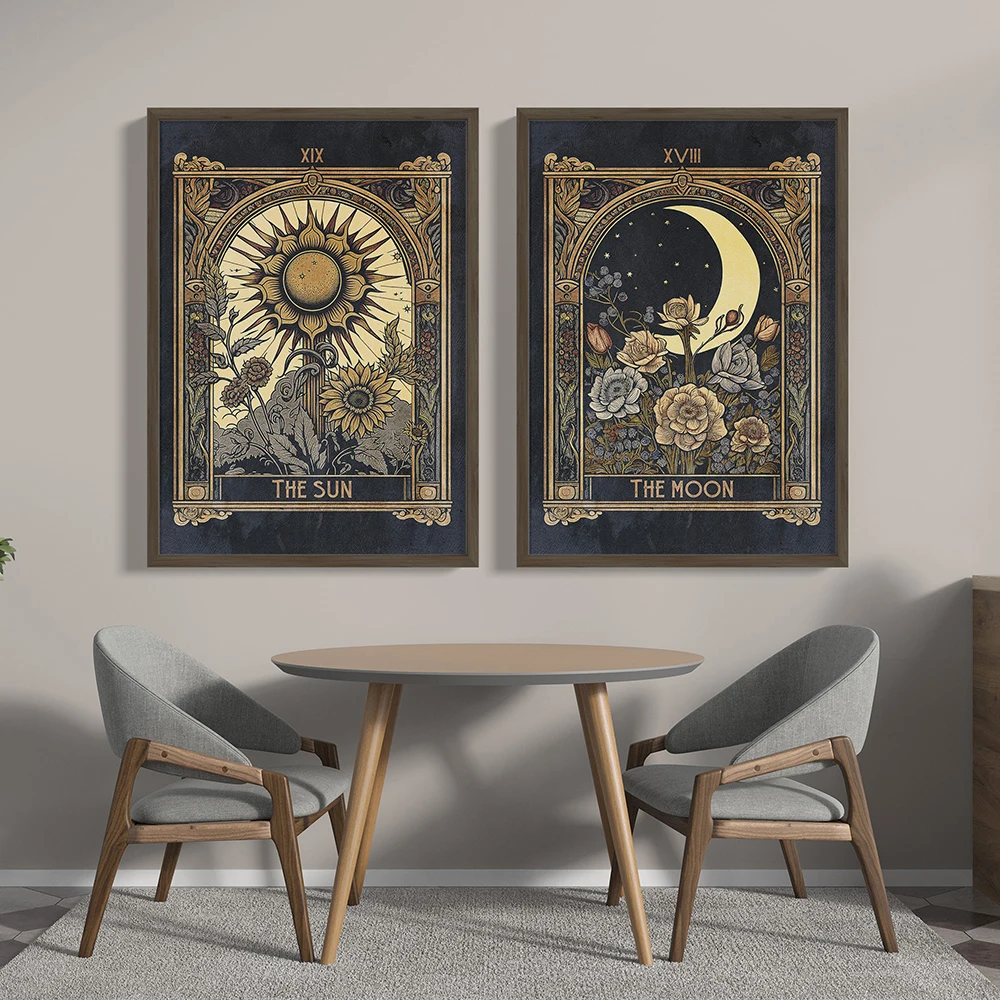 Boho Style Black The Sun Moon Tarot Card Flower Poster Canvas Painting Abstract Flower Mystical Wall Art Picture Bedroom Decor