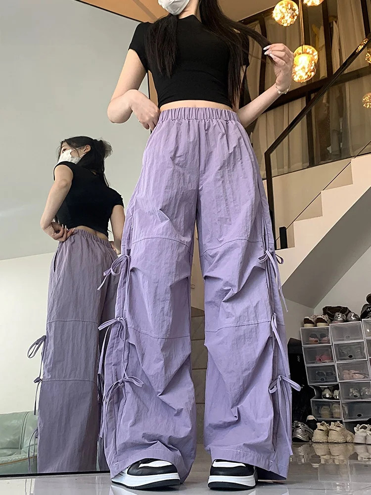 

American Style Side Tie Work Pants Women Casual Spring Summer Autumn Folded Design Low Waist Sports Pants Knot