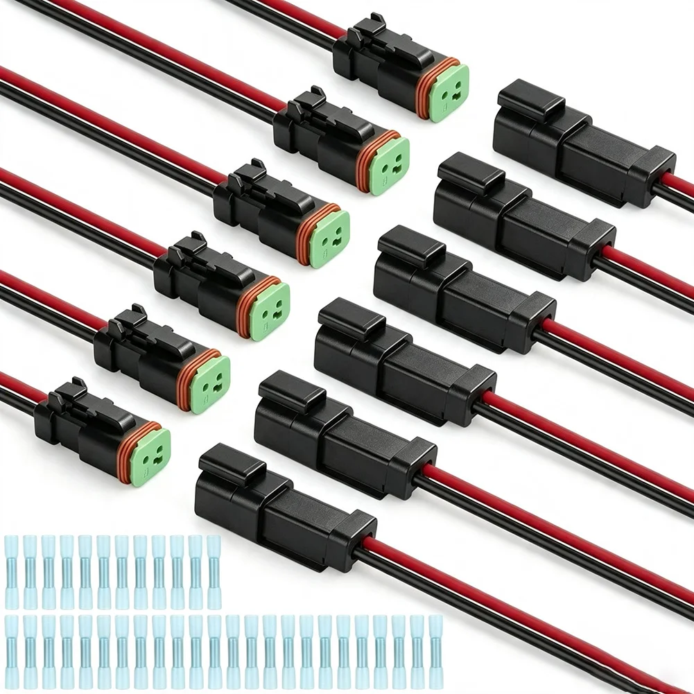 For DT 2 Pin Male Female Wiring Harness Connector Kit Pigtail 2 Wire Way  For Car, Trucks, Boats, LED Light Strips, Off-road