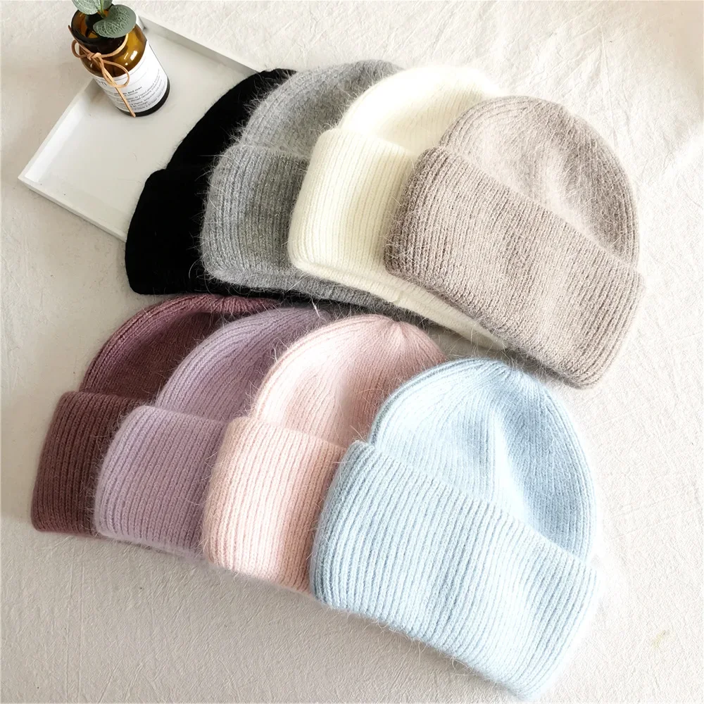 Fashion Warm Skullies Angola Rabbit Fur Winter Knitted Beanies Women Cap Female Three Fold Ski Outdoor Hats