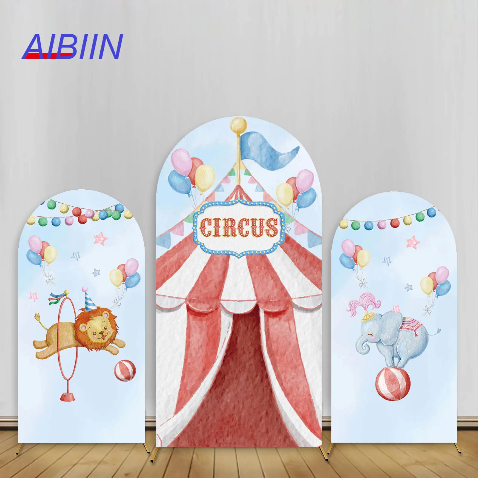 

Circus Carnival Arch Backdrop Cover Red Tent Colorful Balloons Lion Elephant Show Birthday Baby Shower Party Decor Background