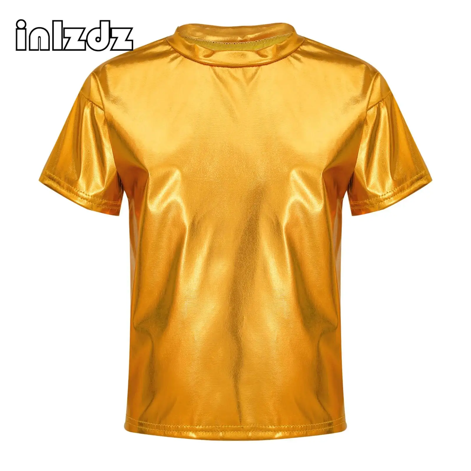 

Boy Girls Metallic Hip Hop Jazz Dance Top Short Sleeve Party Performance T-Shirt Sparkly Loose Blouse Dance Performance Costume