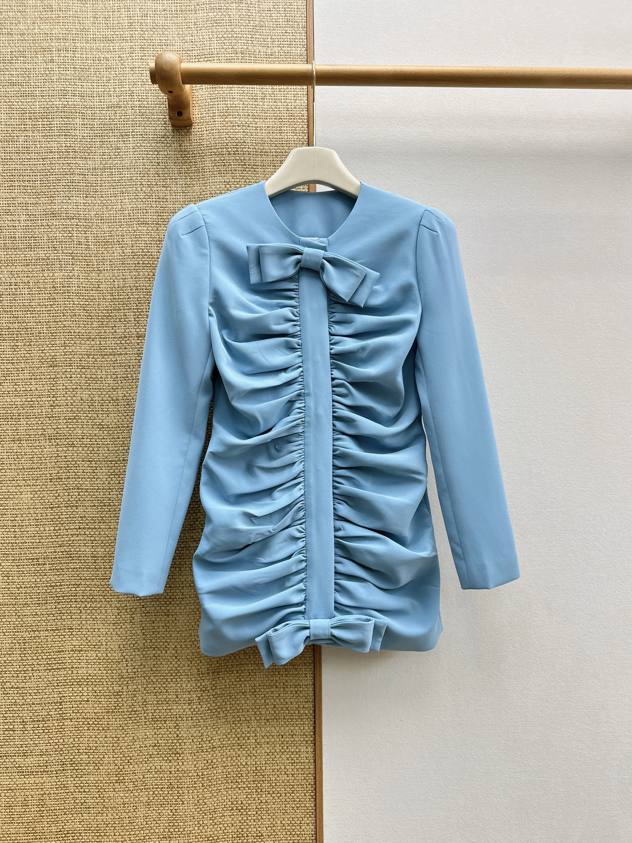 Women French Bow Ruched Mini Dress 2026 Autumn New Slim Youthful Dress
