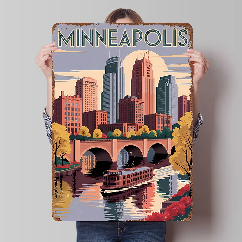 Minneapolis Skyline With Riverboat Printing Poster Customized Retro Wall Art Vintage Metal Signs for Mancave Office Decoration