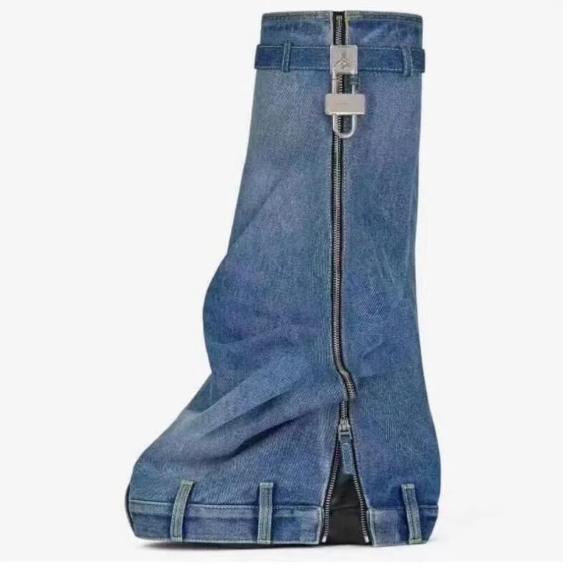 Genuine Leather Folded Padlock Wedge Boots Blue Jeans Belt Zipper Wash Denim Women Knee High Boots Winter Long Boots