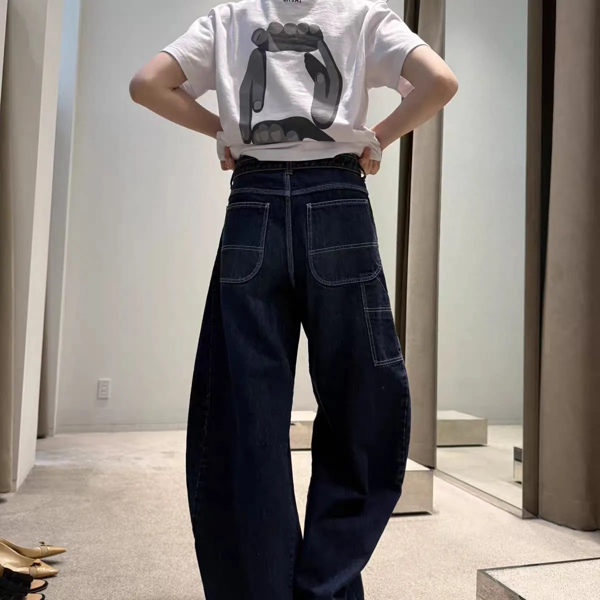 SAC Japanese 2026 spring high-waisted wide-leg pants jeans casual lace-up scimitar trousers women