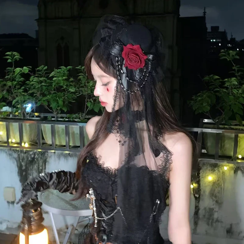 Готическая шифоновая роза, черно-белая женская шляпа в стиле ретро, темная цепочка для свадебной вечеринки, Хэллоуина, косплея, вампира, роскошная шляпа, модные вещи