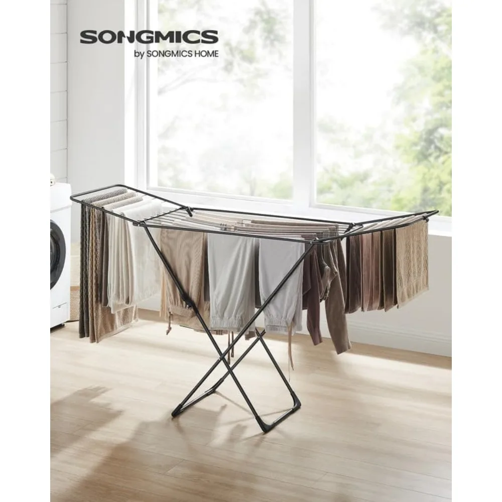 SONGMICS Clothes Drying Rack, Metal Laundry Drying Rack, Foldable, Space-Saving, Free-Standing Airer, with Gullwings, Indoor