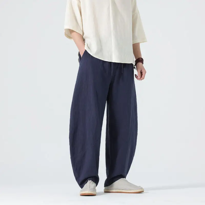 2026 Spring Men Wide Leg Pants Men Solid Color Trousers Male Casual Elastic Waist Casual Linen Pants Men Jogger Harajuku Pants
