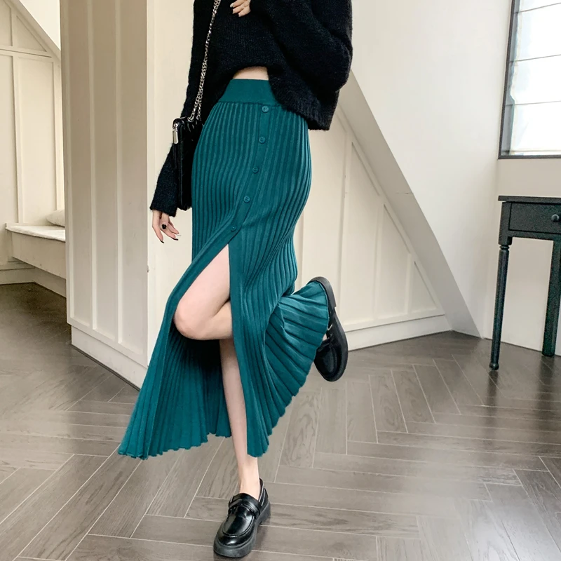 2024 New Autumn Winter Women High Waist Slim Long Skirt Sexy Single Breasted Split Hem Pit Strip Solid Color Knitted Skirt