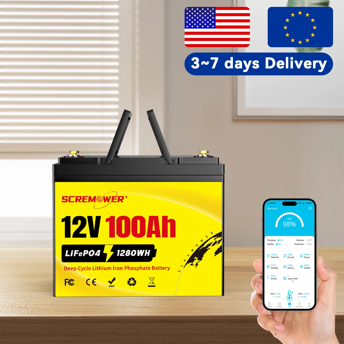 12V 100Ah LiFePO4 Battery With Bluetooth BCI Group 24 Lithium Battery Built-in 100A Smart BMS for RV,Marine,Home Energy Storage