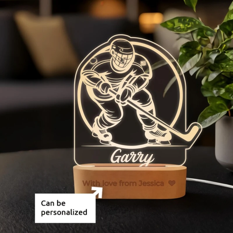 

Custom Hockey Night Light Personalized Acrylic USB LED Lamp Engraved Player Gift Unique Man Cave Sports Room Home Bar Decor Fans