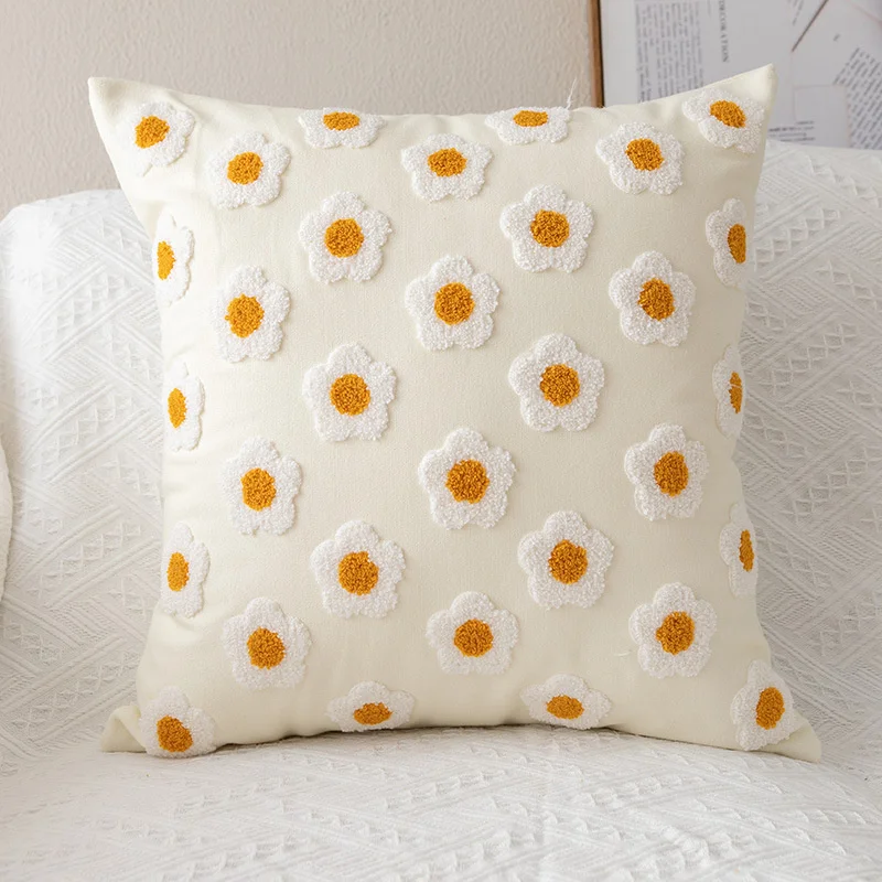 Lovely Daisy Floral Pillow Cover 18x18in/12x20in White Embroidery Cushion Case Soft for Living Room Sofa