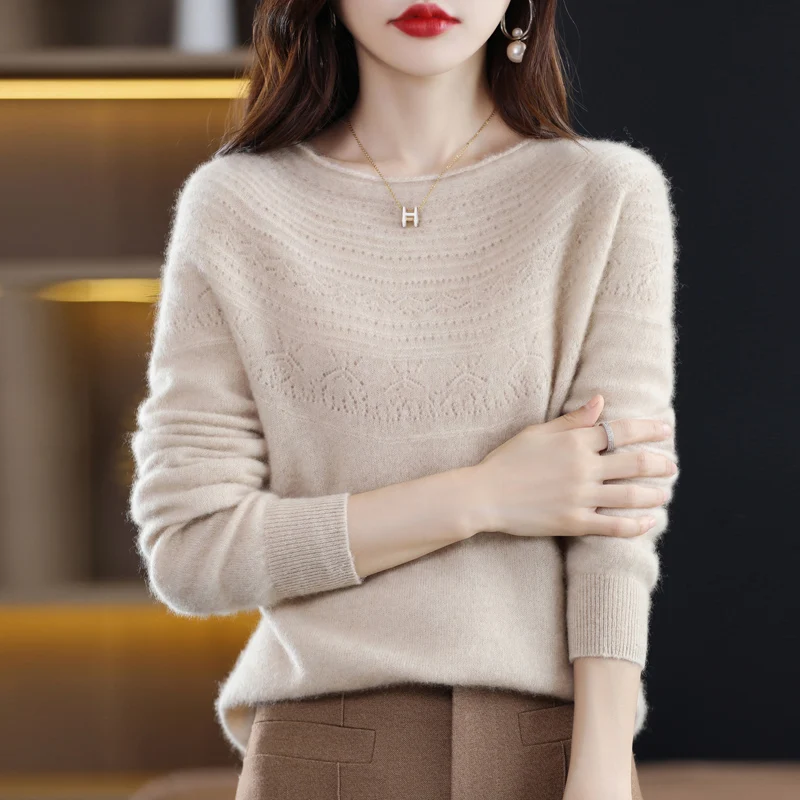 New autumn and winter 100% wool first-line ready-to-wear hollow women\'s pullover O-neck cashmere sweater knitted solid color