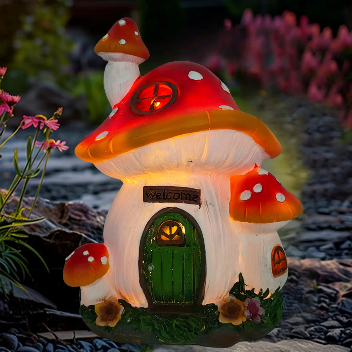 

Outdoor Garden Solar statue light, Garden Solar Mushroom House Statue Light, Resin mushroom house welcome statue light