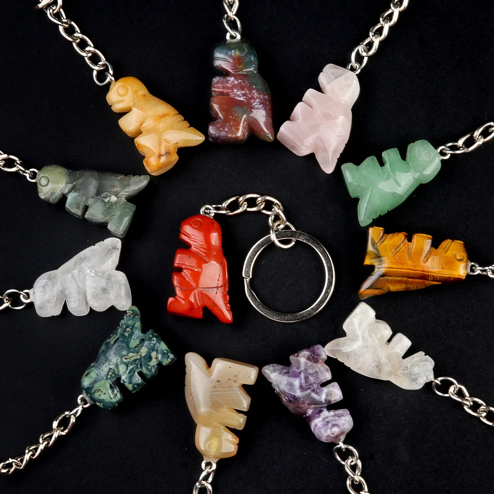 

10pcs Carving Little Dinosaur Stone Key Rings Chakra Gem animal Charms Keychains Healing Crystal Keyrings for Women Men