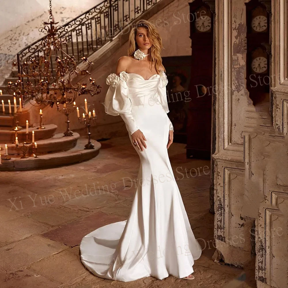 Boho Graceful Mermaid Simple Wedding Dresses Long Sleeve Off The Shoulder Satin Bride Gowns Backless Floor-Length Formal Party