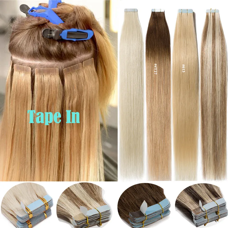 100% Human Hair Tape Extensions 20pcs Remy 12-26 inch Ultra Thin Weft For Easy DIY Hair Extension