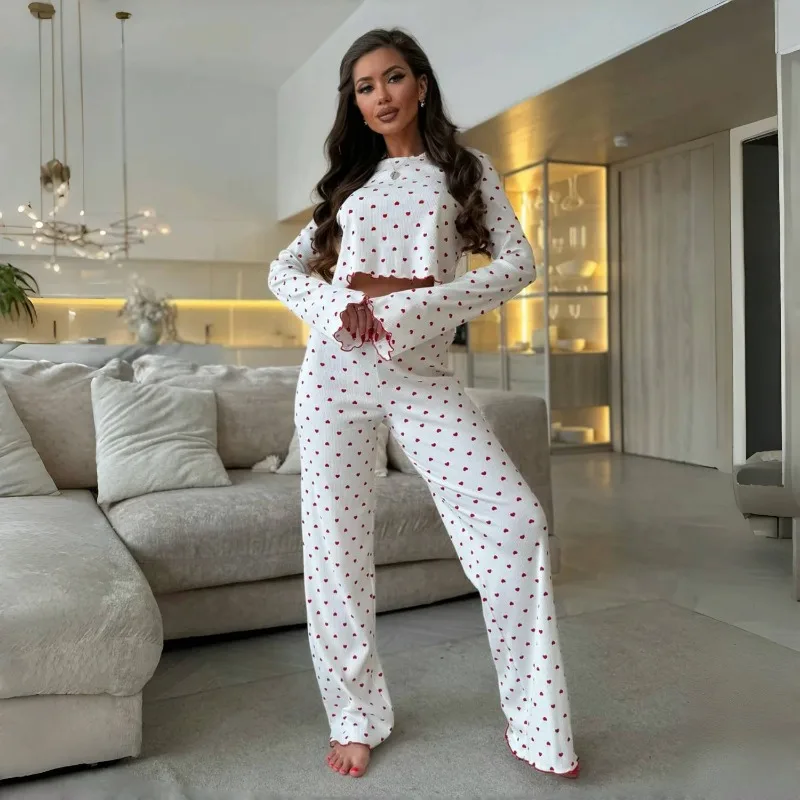 Women's Spring/Fall Pajamas: Bell-Sleeve Printed Cuffed Long-Sleeve Top and Long Pants Loungewear Winter Women's Two-Piece Set