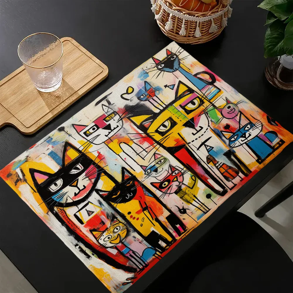 4PC Placemats Colorful Abstract Cat Art Festive Dining Table Mats